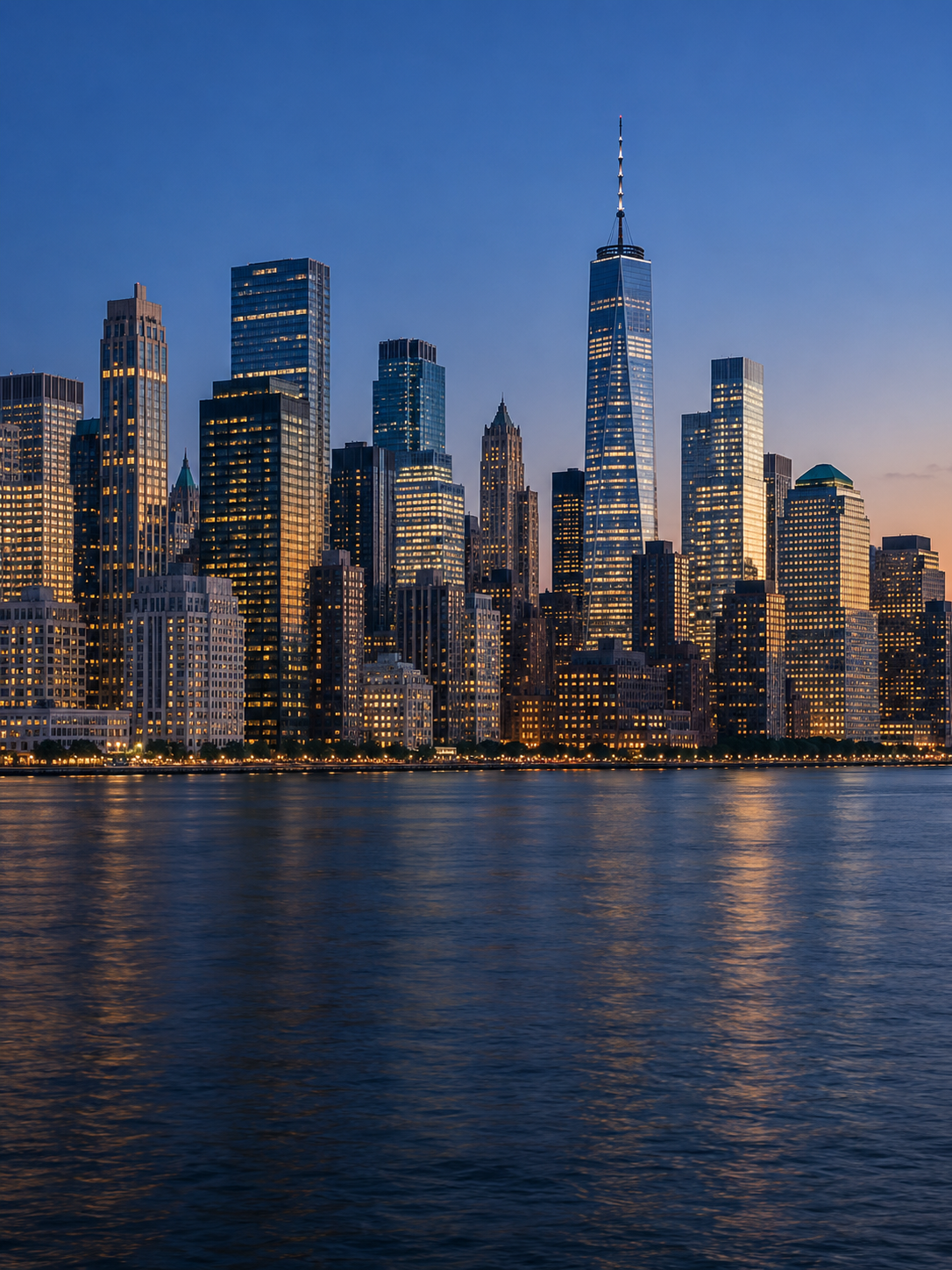 City business skyline across the waterfront at dusk