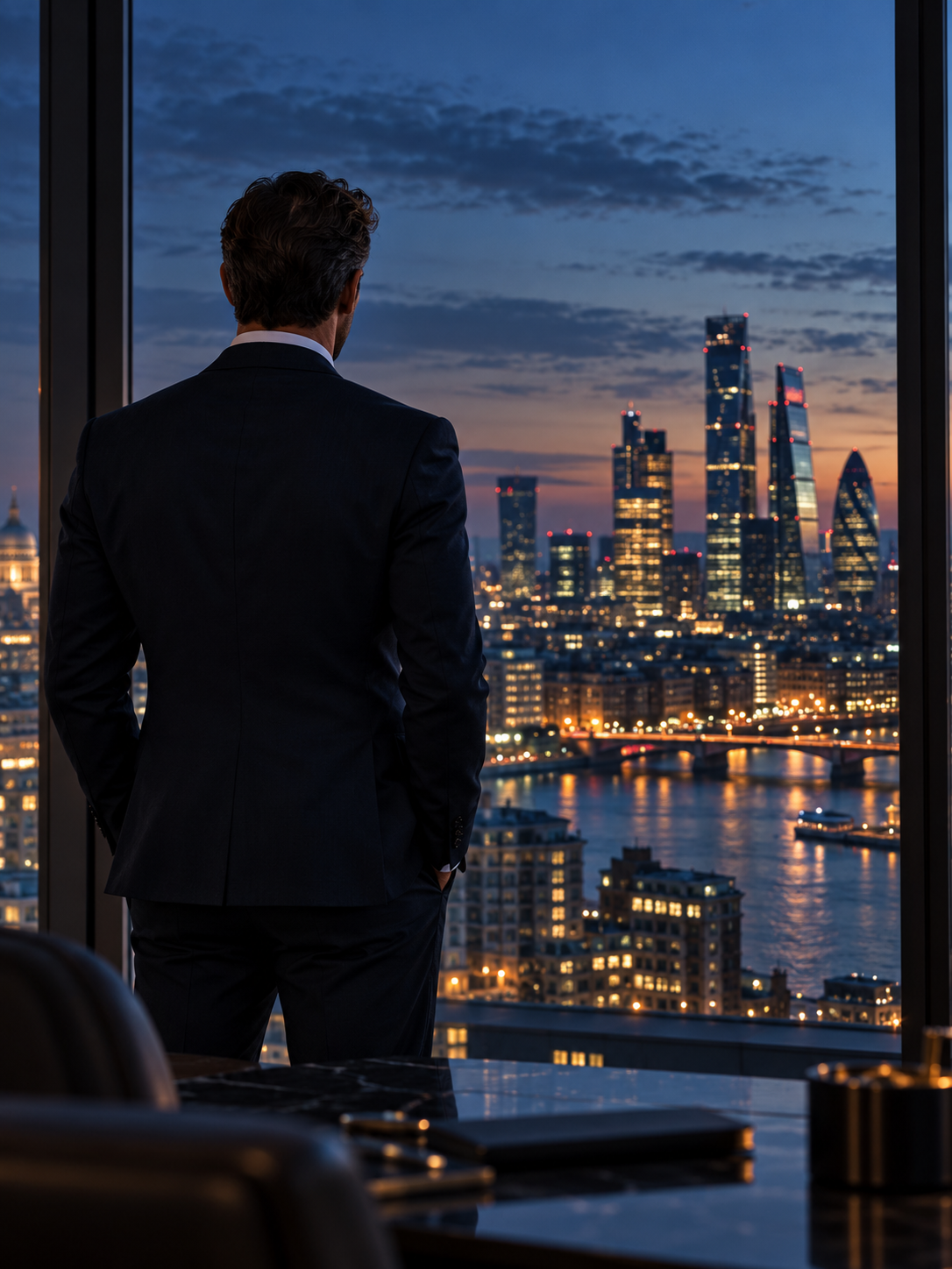 Executive looking over a city from an office window